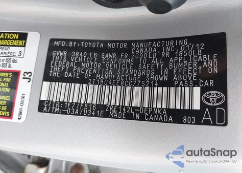 2012 Toyota Corolla S/Le z USA, uszkodzony, nr VIN 2T1BU4EE8CC775214